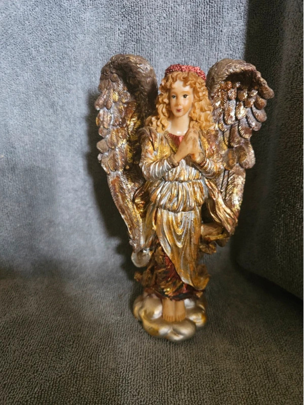 Vintage Praying Angel Figurine 8" Resin Gold Bronze Wings Religious Christmas
